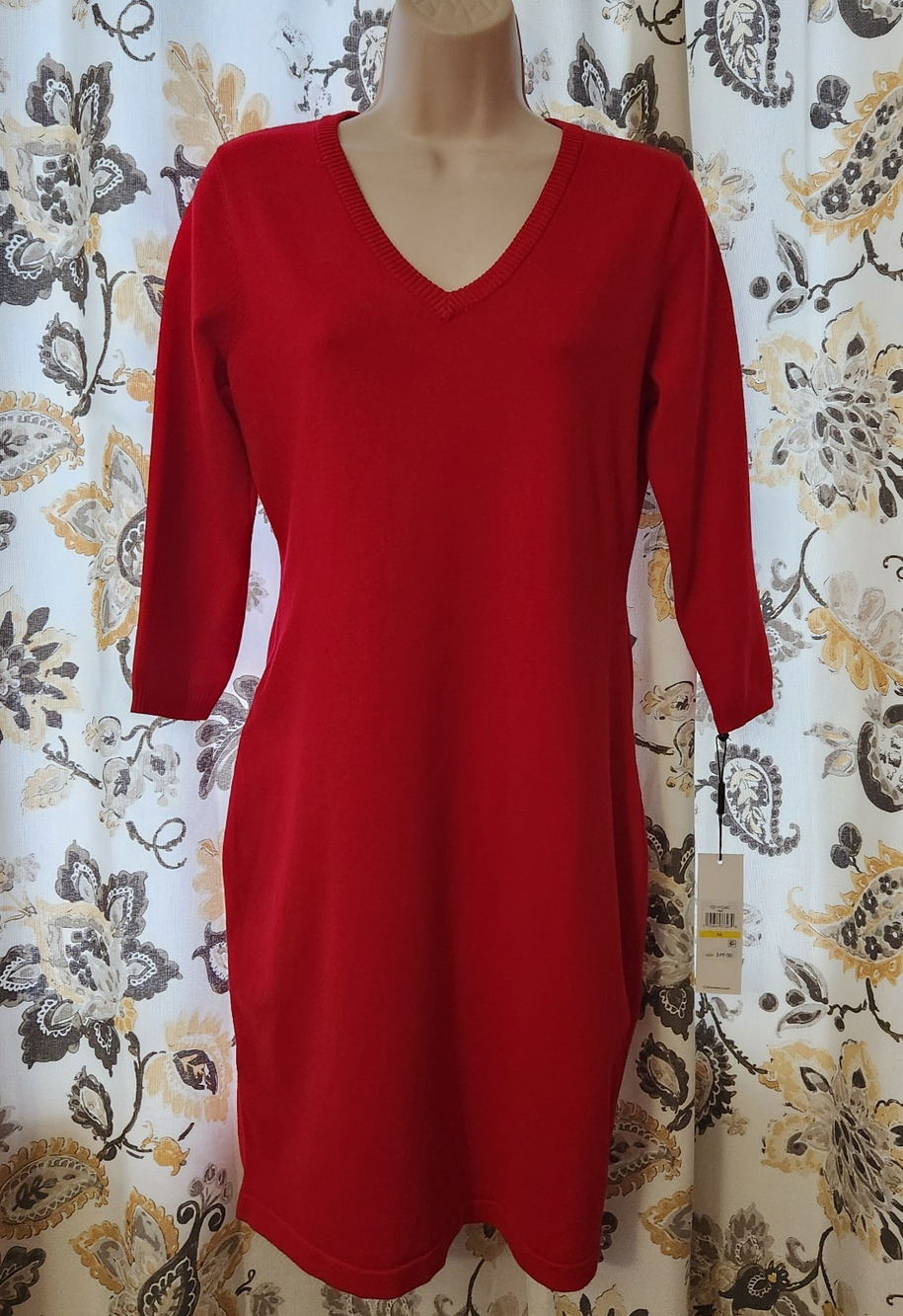 Calvin Klein Sweater Dress Red Size Medium Knee Length V-Neck 3/4 Sleeves